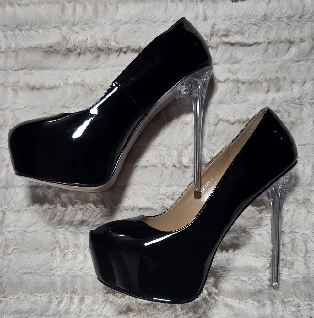 Onlymaker Black Patent Platform Pump Clear Heel 12m - Picture 2 of 4